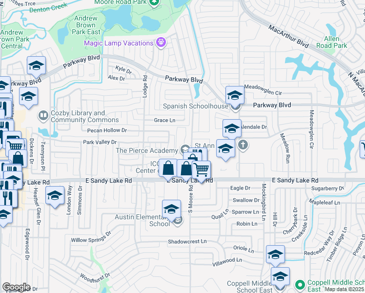 map of restaurants, bars, coffee shops, grocery stores, and more near 190 North Moore Road in Coppell
