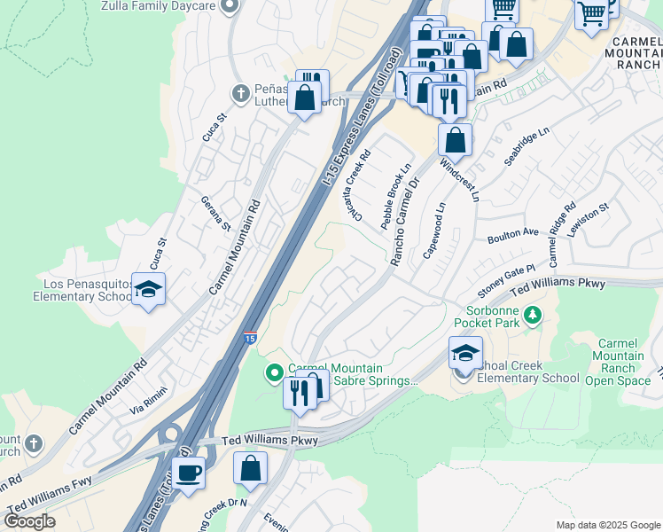 map of restaurants, bars, coffee shops, grocery stores, and more near 10634 Rancho Carmel Drive in San Diego