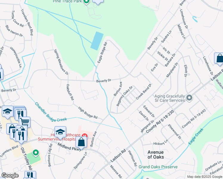 map of restaurants, bars, coffee shops, grocery stores, and more near 107 Creekside Drive in Summerville