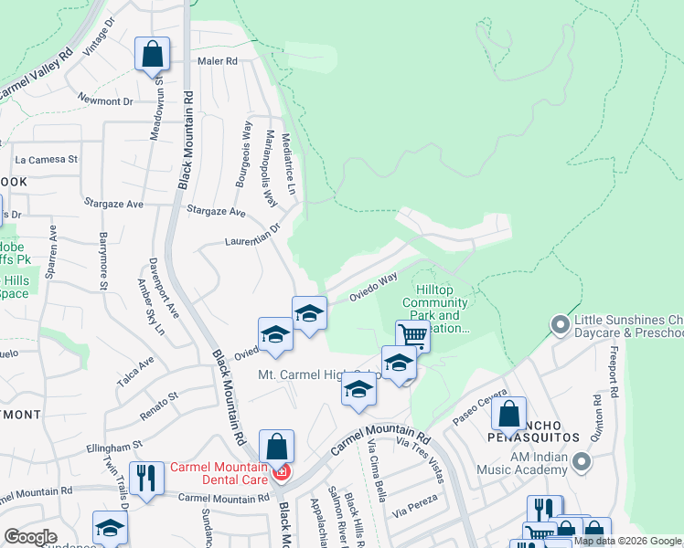 map of restaurants, bars, coffee shops, grocery stores, and more near 9511 Oviedo Street in San Diego