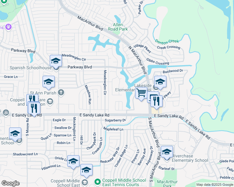 map of restaurants, bars, coffee shops, grocery stores, and more near 913 Westwind Cove in Coppell