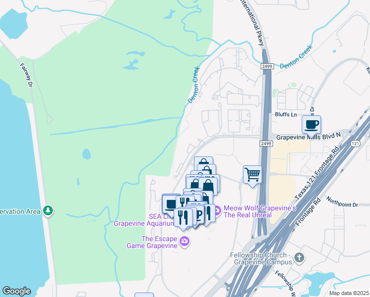 map of restaurants, bars, coffee shops, grocery stores, and more near 2701 Grapevine Mills Boulevard North in Grapevine