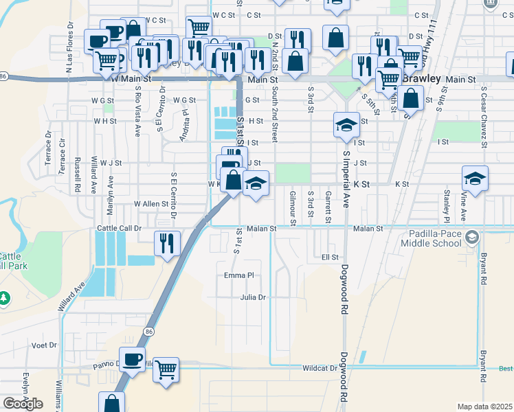 map of restaurants, bars, coffee shops, grocery stores, and more near 150 K Street in Brawley