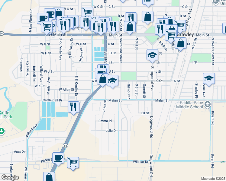 map of restaurants, bars, coffee shops, grocery stores, and more near 150 K Street in Brawley