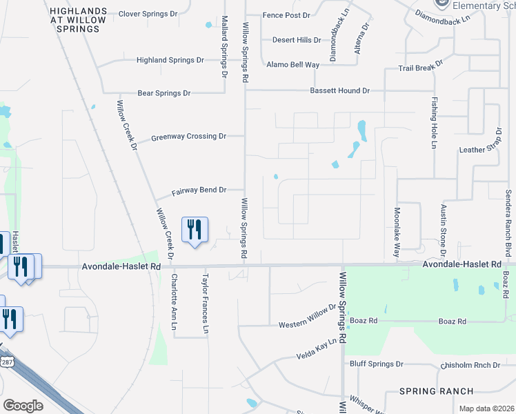 map of restaurants, bars, coffee shops, grocery stores, and more near 13390 Willow Springs Road in Haslet