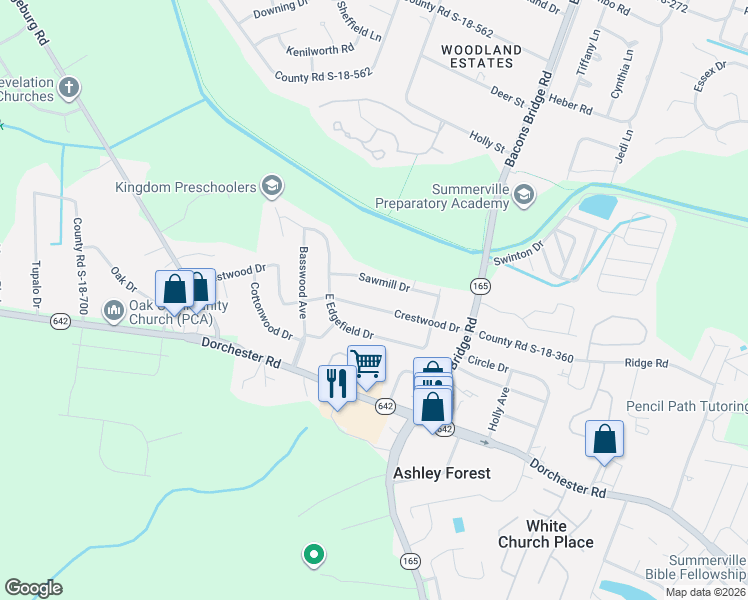 map of restaurants, bars, coffee shops, grocery stores, and more near 223 County Road S-18-332 in Summerville