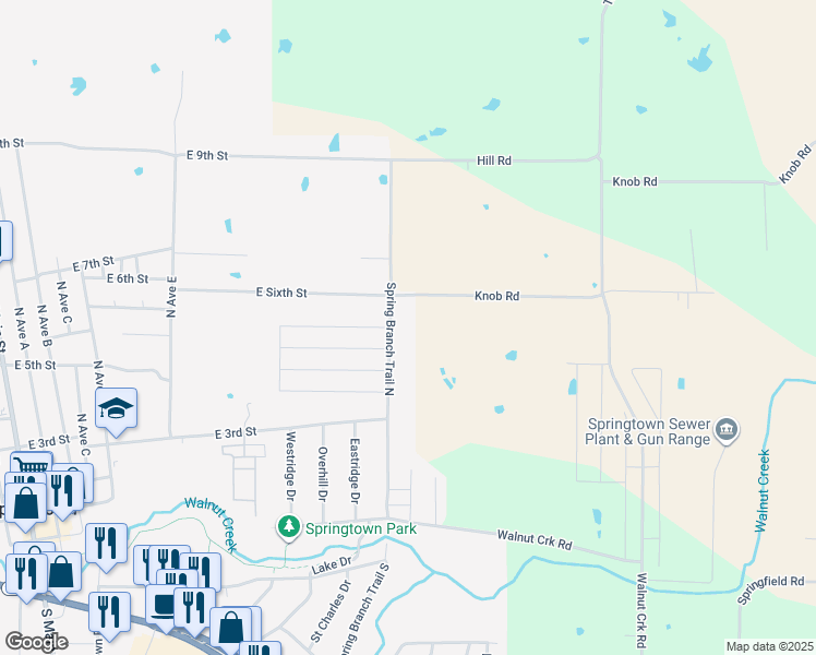 map of restaurants, bars, coffee shops, grocery stores, and more near 1130 Knob Road in Springtown