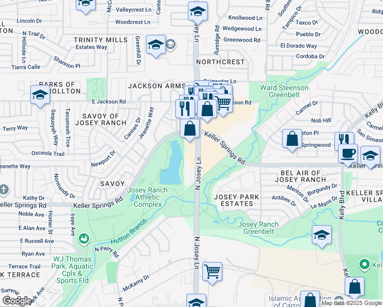 map of restaurants, bars, coffee shops, grocery stores, and more near 2121 North Josey Lane in Carrollton
