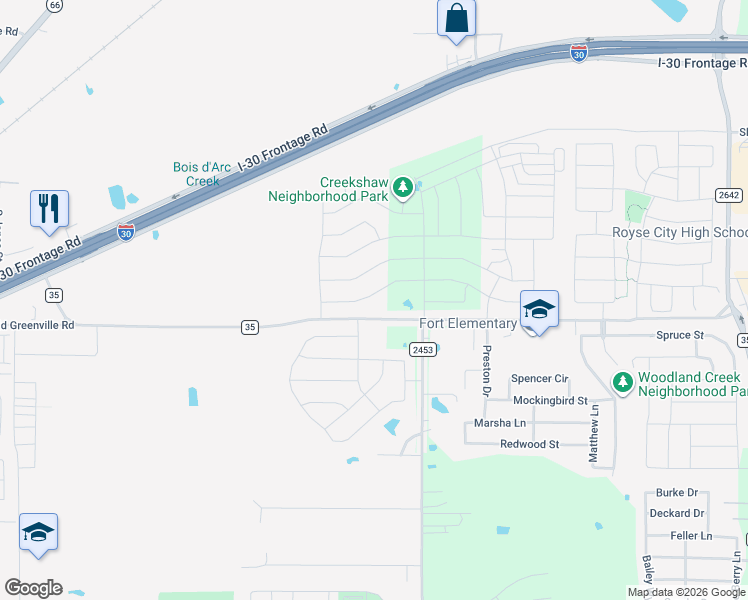 map of restaurants, bars, coffee shops, grocery stores, and more near 126 Farm to Market Road 2453 in Royse City