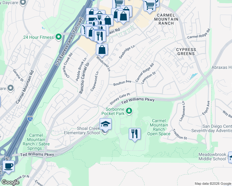 map of restaurants, bars, coffee shops, grocery stores, and more near 11903 Owen Lane in San Diego