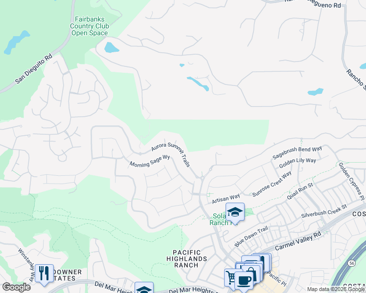 map of restaurants, bars, coffee shops, grocery stores, and more near 5400 Morning Sage Way in San Diego