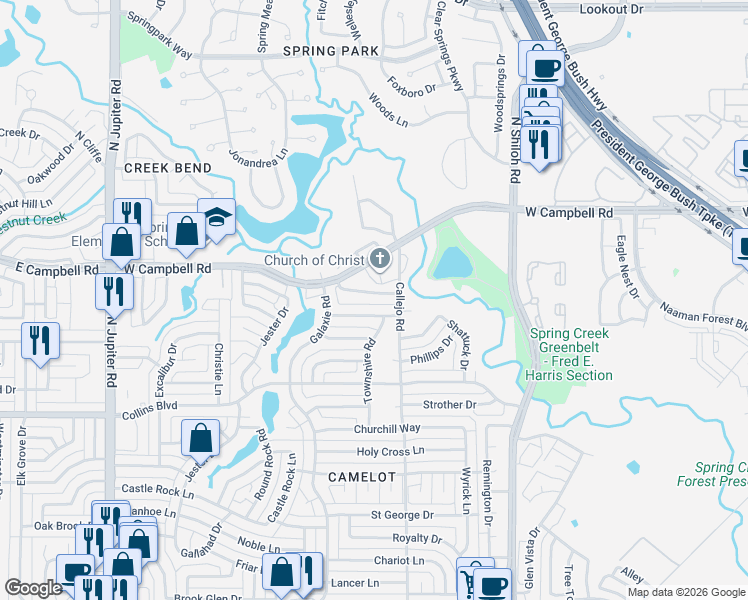 map of restaurants, bars, coffee shops, grocery stores, and more near 2909 Hazelwood Drive in Garland