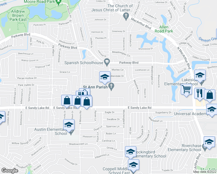 map of restaurants, bars, coffee shops, grocery stores, and more near 180 Samuel Boulevard in Coppell