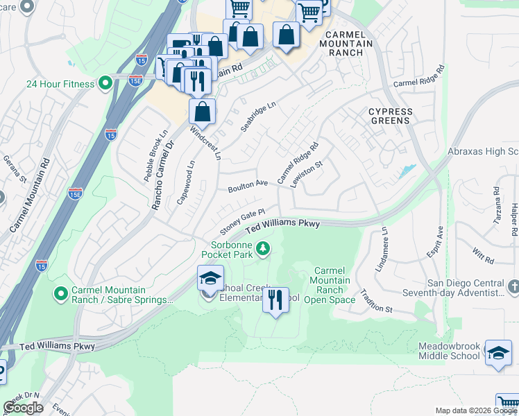 map of restaurants, bars, coffee shops, grocery stores, and more near 14234 Stoney Gate Place in San Diego