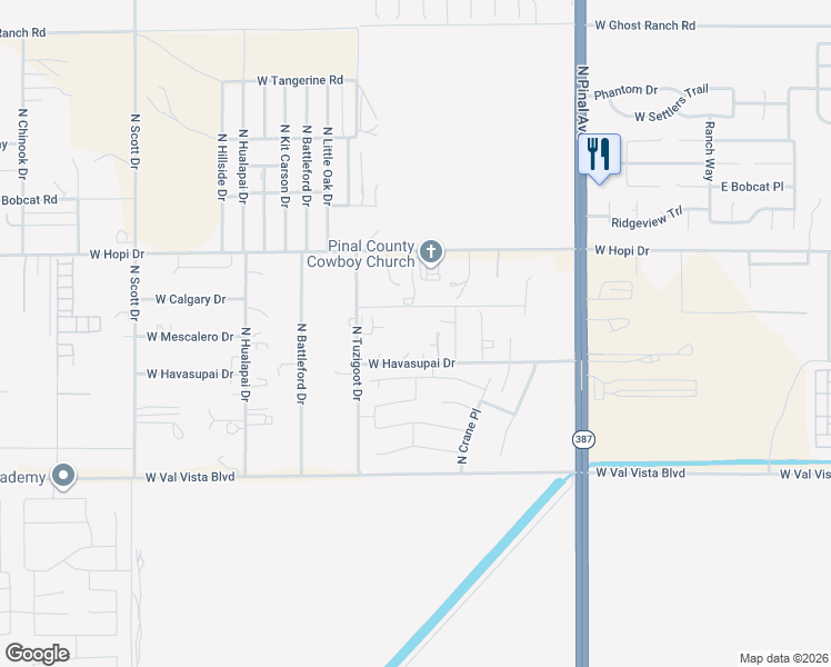 map of restaurants, bars, coffee shops, grocery stores, and more near 18276 West Havasupai Drive in Casa Grande