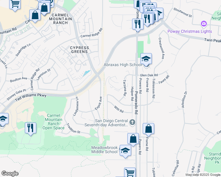 map of restaurants, bars, coffee shops, grocery stores, and more near 12216 Holland Road in Poway