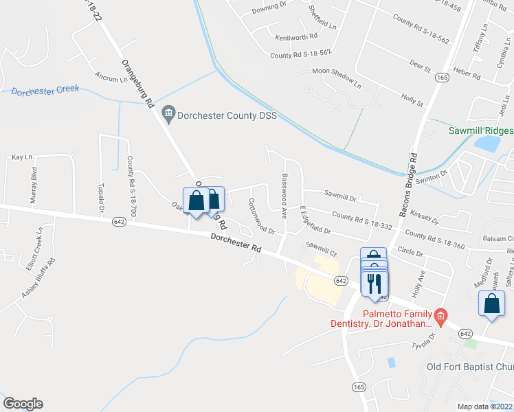 map of restaurants, bars, coffee shops, grocery stores, and more near 118 Cottonwood Drive in Summerville