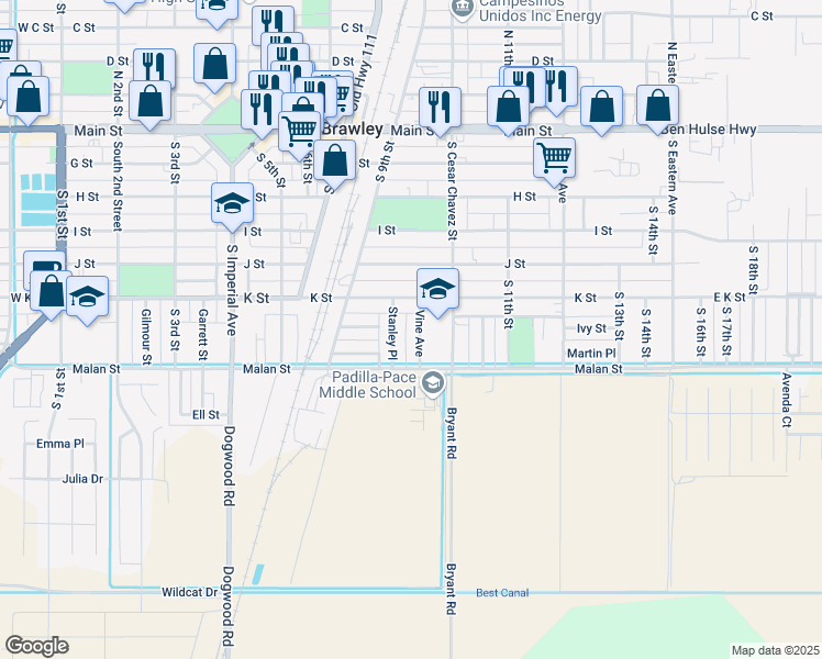 map of restaurants, bars, coffee shops, grocery stores, and more near 668 Stanley Place in Brawley