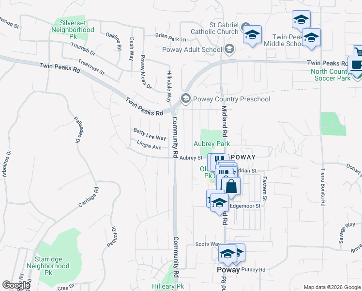 map of restaurants, bars, coffee shops, grocery stores, and more near 14219 Old Community Road in Poway