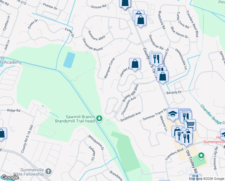 map of restaurants, bars, coffee shops, grocery stores, and more near 121 Orchard Court in Summerville
