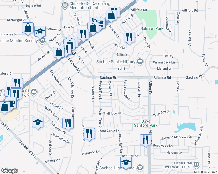 map of restaurants, bars, coffee shops, grocery stores, and more near 3433 Meadow Creek Lane in Sachse