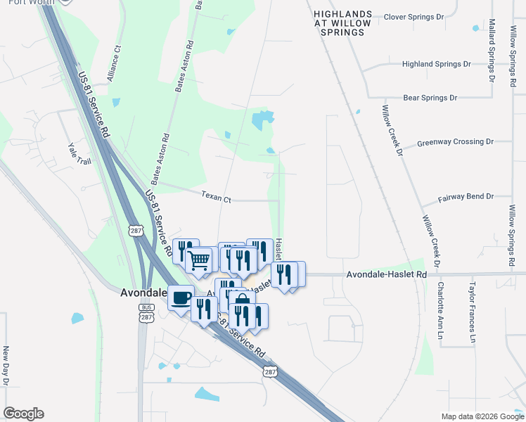 map of restaurants, bars, coffee shops, grocery stores, and more near 13417 Haslet Court in Haslet