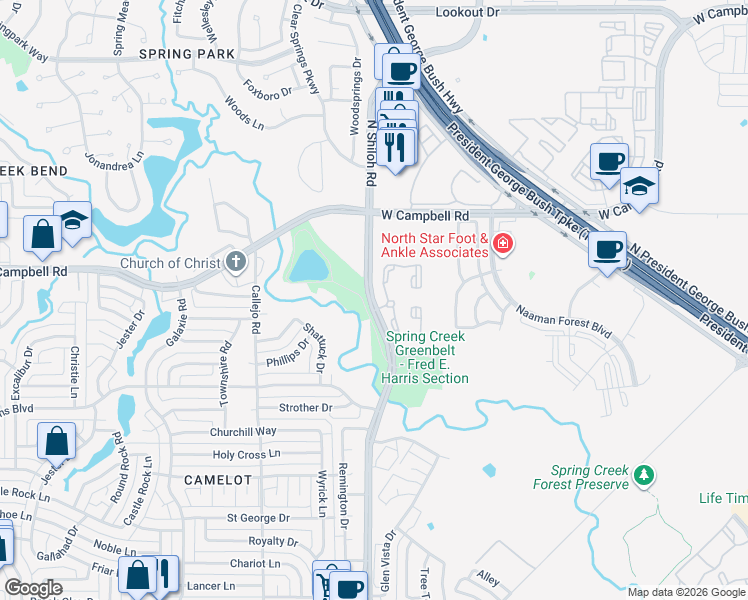 map of restaurants, bars, coffee shops, grocery stores, and more near 6300 North Shiloh Road in Garland