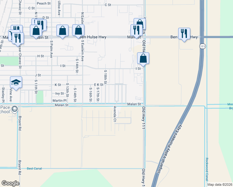 map of restaurants, bars, coffee shops, grocery stores, and more near Tres Palmas Lane in Brawley