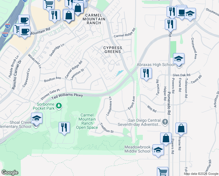 map of restaurants, bars, coffee shops, grocery stores, and more near 13795 Lindamere Lane in San Diego