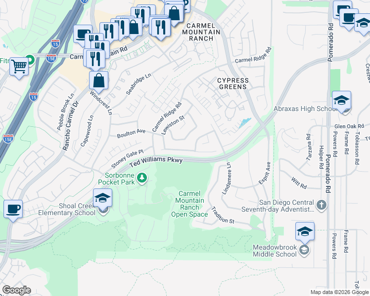 map of restaurants, bars, coffee shops, grocery stores, and more near 11867 Wilmington Road in San Diego