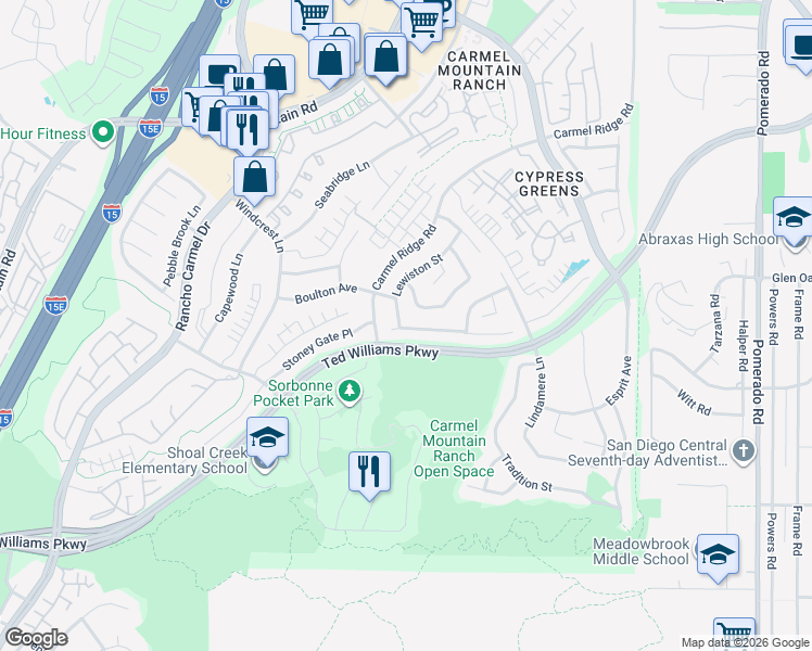 map of restaurants, bars, coffee shops, grocery stores, and more near 11825 Wilmington Road in San Diego