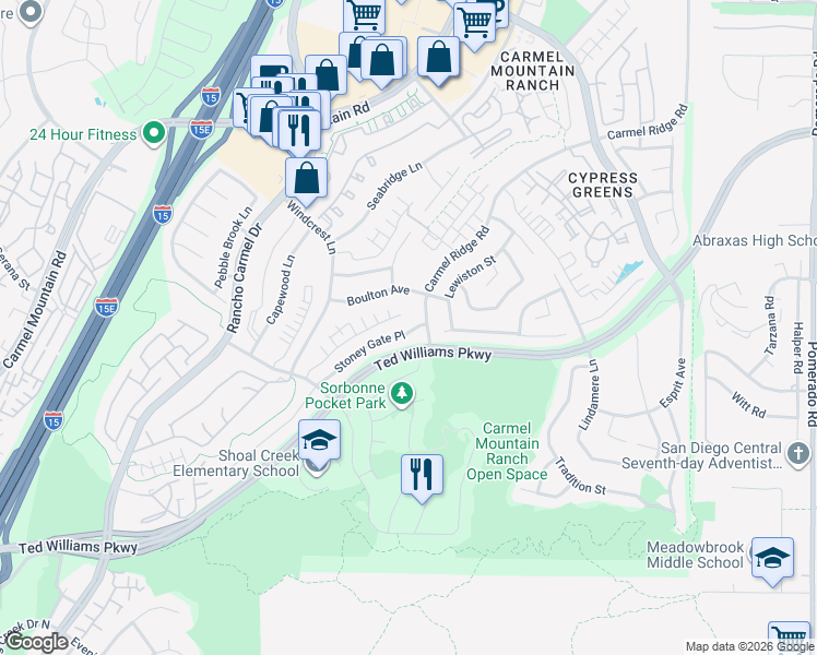 map of restaurants, bars, coffee shops, grocery stores, and more near 14259 Stoney Gate Place in San Diego