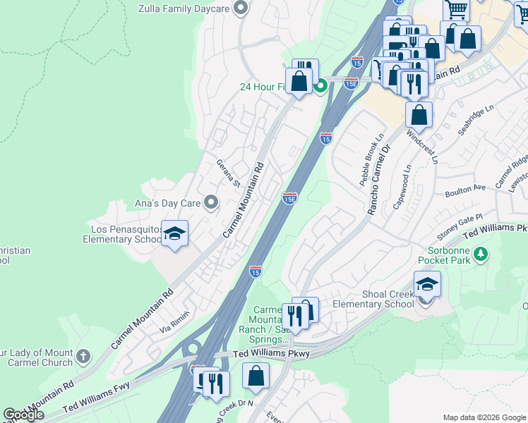 map of restaurants, bars, coffee shops, grocery stores, and more near 14143 Tyler Way in San Diego