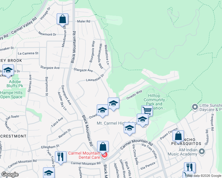map of restaurants, bars, coffee shops, grocery stores, and more near 9551 Stargaze Avenue in San Diego