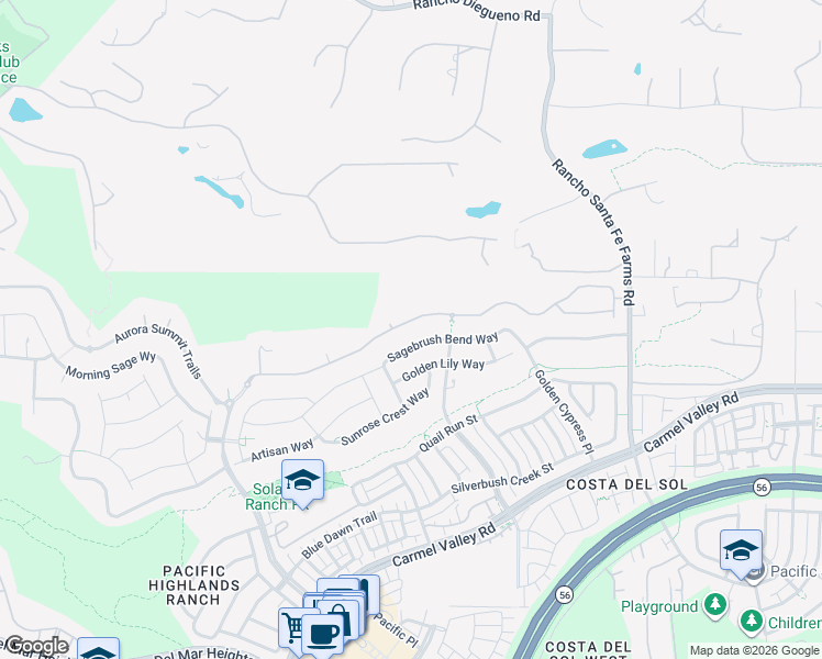 map of restaurants, bars, coffee shops, grocery stores, and more near 6262 Sagebrush Bend Way in San Diego