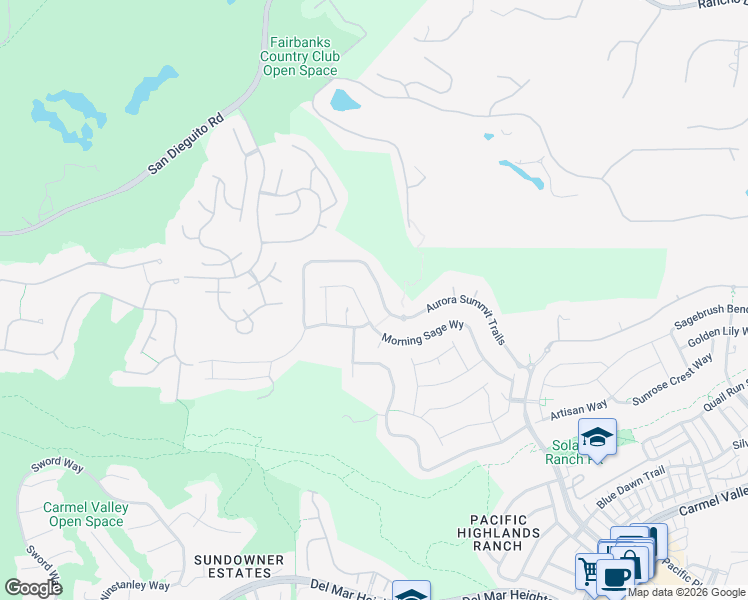 map of restaurants, bars, coffee shops, grocery stores, and more near 5330 Morning Sage Way in San Diego