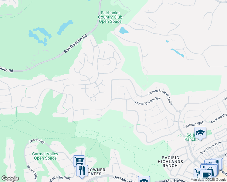 map of restaurants, bars, coffee shops, grocery stores, and more near 5303 Aurora Summit Trails in San Diego