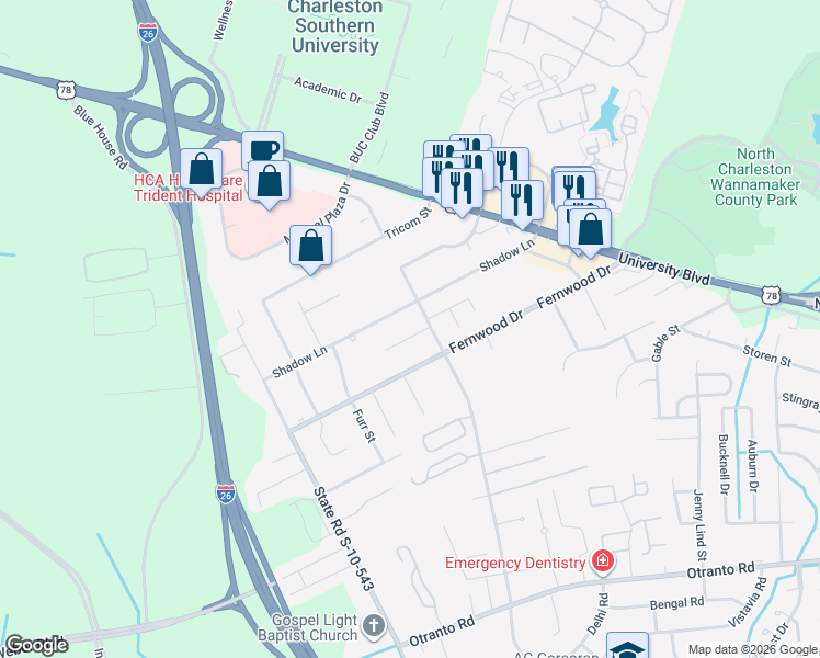 map of restaurants, bars, coffee shops, grocery stores, and more near 2810 Fernwood Drive in Charleston