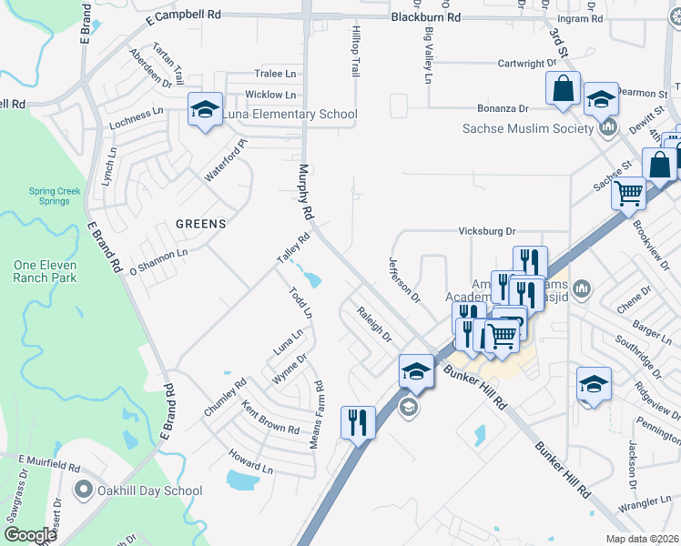 map of restaurants, bars, coffee shops, grocery stores, and more near 1409 Hattiesburg Lane in Garland