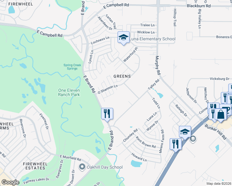map of restaurants, bars, coffee shops, grocery stores, and more near 6202 Scottsboro Lane in Garland