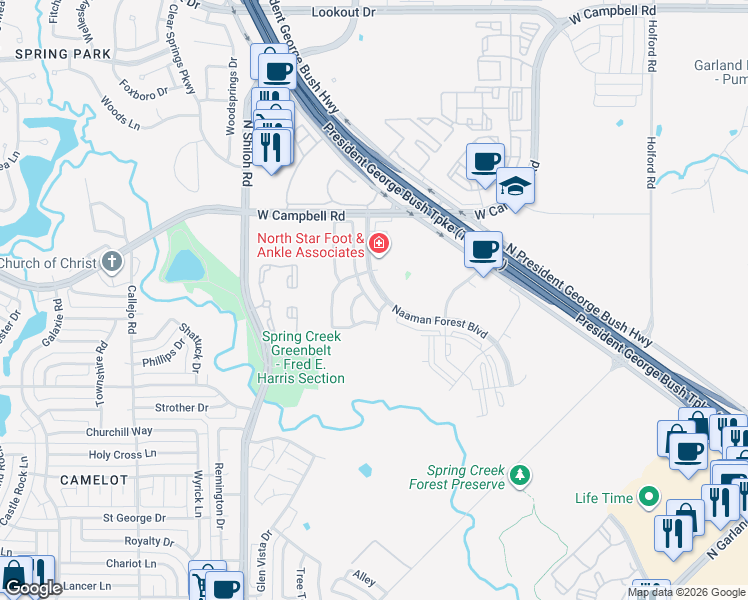 map of restaurants, bars, coffee shops, grocery stores, and more near 6101 Eagle Nest Drive in Garland
