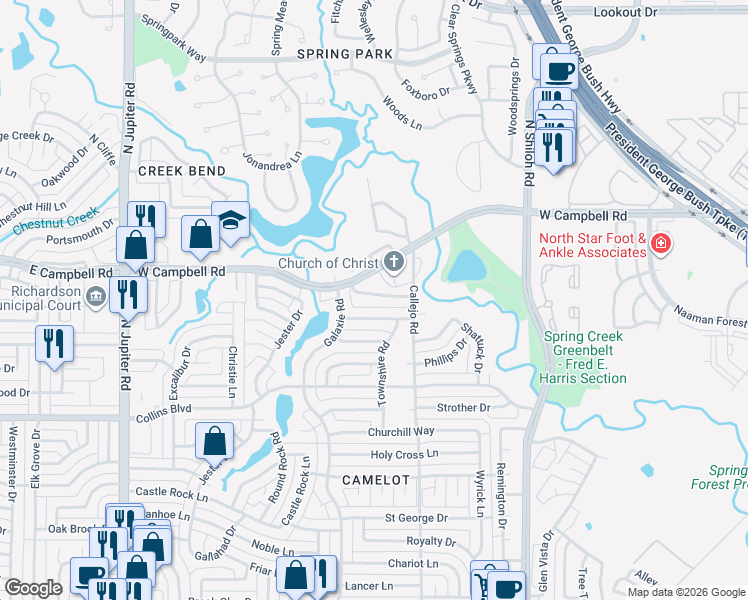 map of restaurants, bars, coffee shops, grocery stores, and more near 2909 Hazelwood Drive in Garland