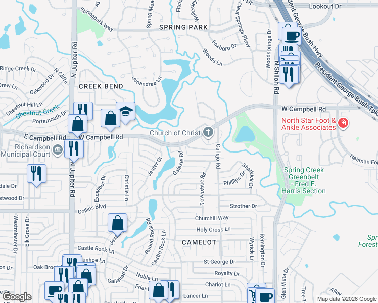 map of restaurants, bars, coffee shops, grocery stores, and more near 2909 Hazelwood Drive in Garland