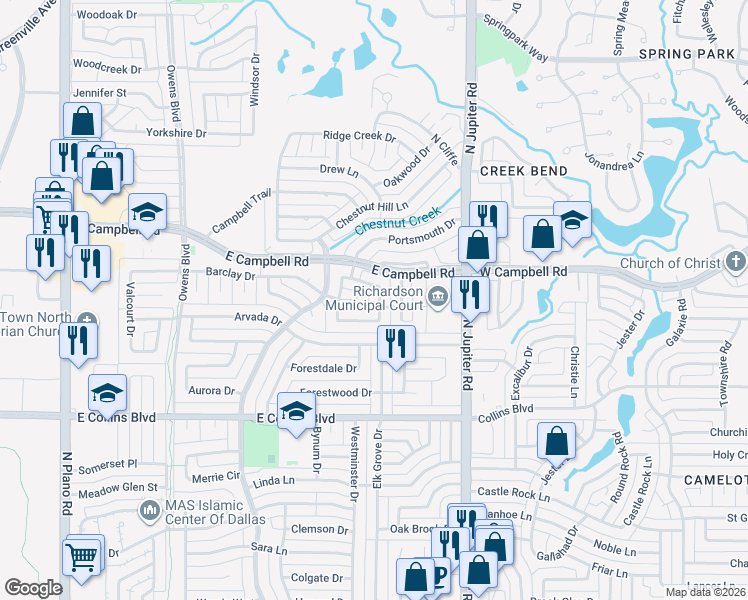 map of restaurants, bars, coffee shops, grocery stores, and more near 1911 Country Meadow Lane in Richardson