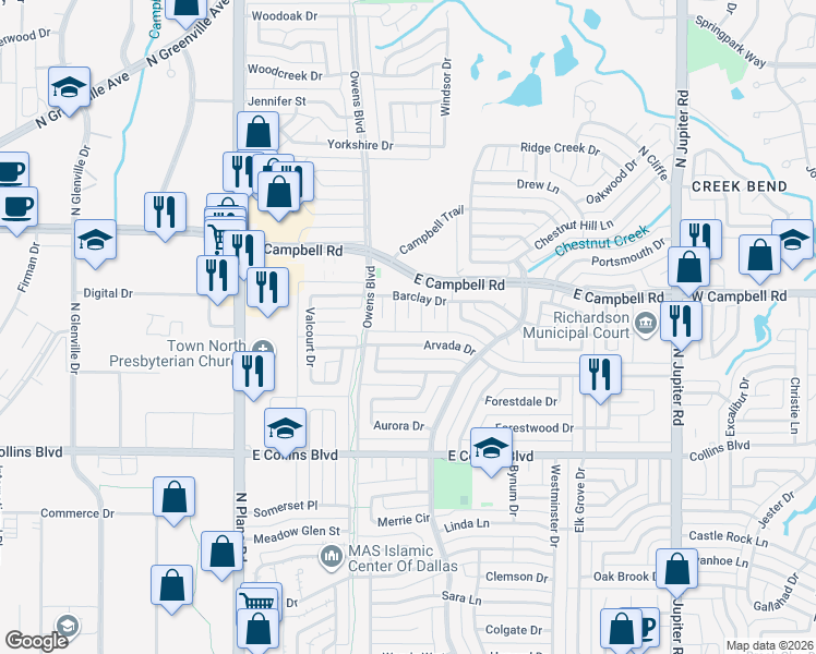 map of restaurants, bars, coffee shops, grocery stores, and more near 1702 Arvada Drive in Richardson