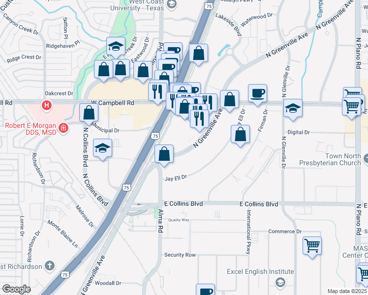 map of restaurants, bars, coffee shops, grocery stores, and more near 1748 North Greenville Avenue in Richardson
