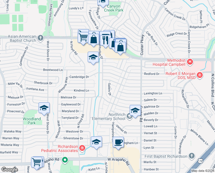 map of restaurants, bars, coffee shops, grocery stores, and more near 1615 Salem Drive in Richardson