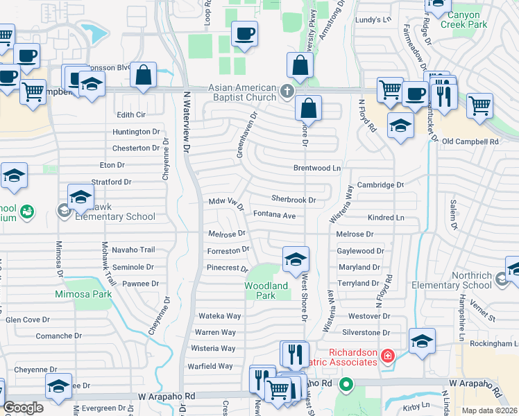 map of restaurants, bars, coffee shops, grocery stores, and more near 829 Fontana Avenue in Richardson