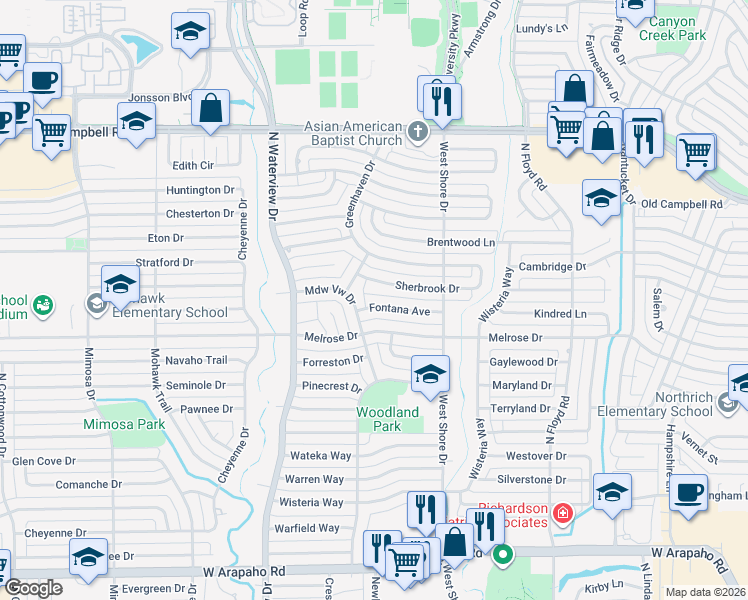 map of restaurants, bars, coffee shops, grocery stores, and more near 829 Fontana Avenue in Richardson
