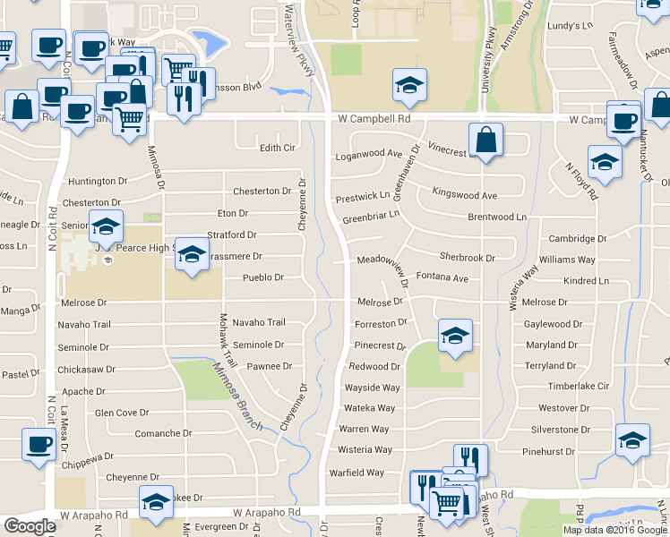 map of restaurants, bars, coffee shops, grocery stores, and more near 1504 North Waterview Drive in Richardson